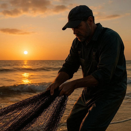 Fisherman with fishing net on the beach at sunset in summer