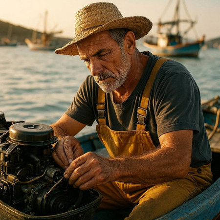 Portrait of a senior man working on a motor boat at sunset
