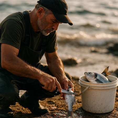 Fisherman with a bucket of freshly caught fish on the beach