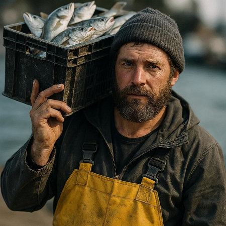 portrait of a fisherman with a bucket of fish on the river bank