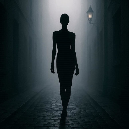 Silhouette of a woman walking in a dark foggy alley