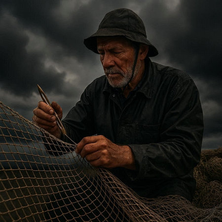 Fisherman with fishing net on stormy sky background, dramatic lighting