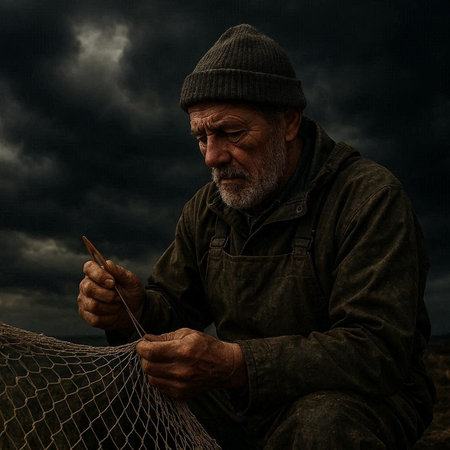 Fisherman with fishing net on dark stormy sky background.