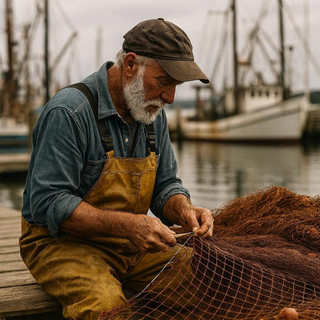 Portrait of an old fisherman with a fishing net on a pier