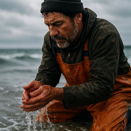 Portrait of a senior fisherman standing on the seashore.