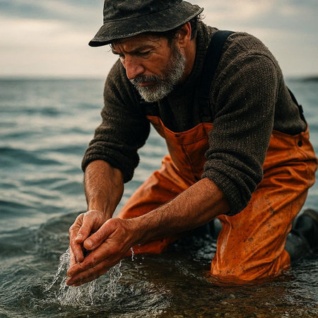 Fisherman on the seashore. Portrait of a senior man fishing.