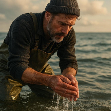 Portrait of a senior man washing his hands in the sea.