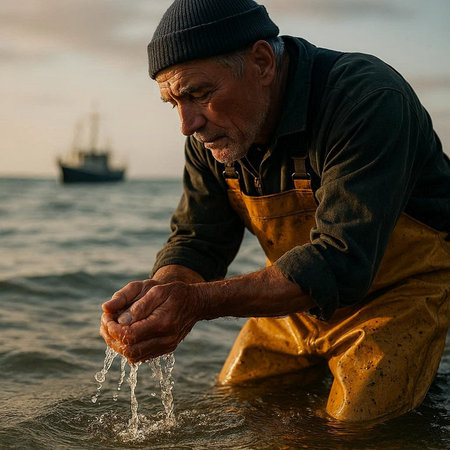 Portrait of a senior man washing his hands in the sea.