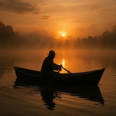Fisherman in a boat on the river at sunrise, silhouette