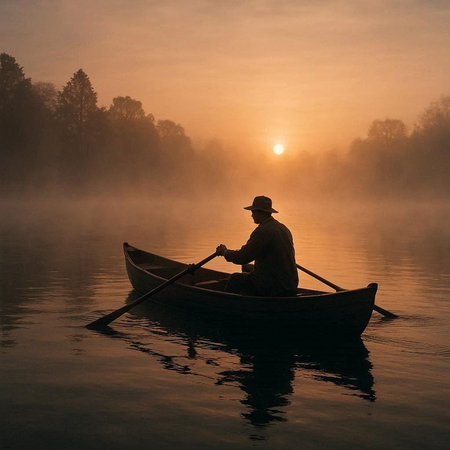 Fisherman in a boat on the lake at sunrise with fog