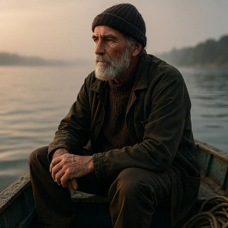 Portrait of an old man sitting on the boat at sunrise.の写真素材