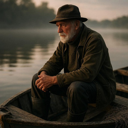 Portrait of an old fisherman sitting in a boat on a lake