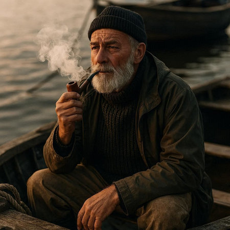 Portrait of an old man smoking a pipe on the pier at sunset.の写真素材