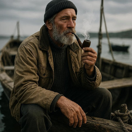 Portrait of an elderly man smoking a pipe on a wooden pier.の写真素材