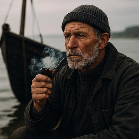 Portrait of an elderly man with a gray beard and mustache smoking a pipe on the background of an old wooden boat.の写真素材