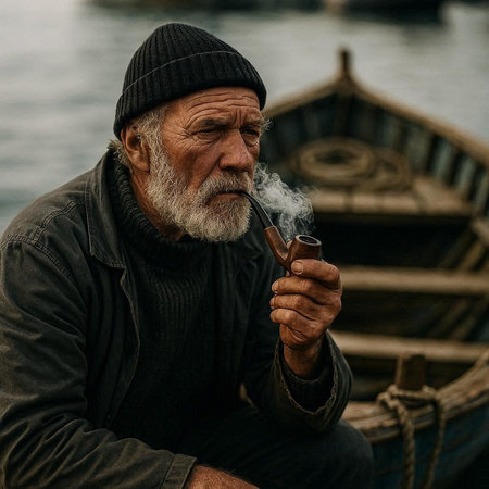 Portrait of an old man smoking a cigar on the pier.の写真素材
