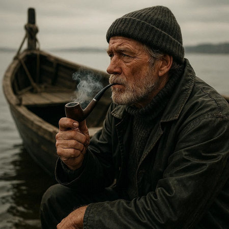 Portrait of an old man smoking a pipe on the background of a boat.