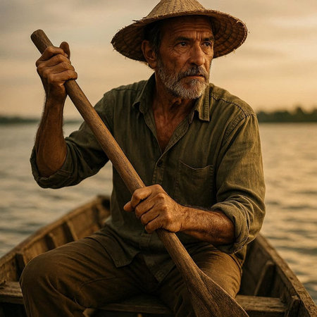 Portrait of a senior man sitting on a boat at sunset.