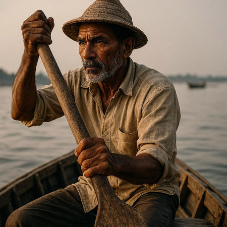 Portrait of a fisherman on the river Ganges in Varanasi, India