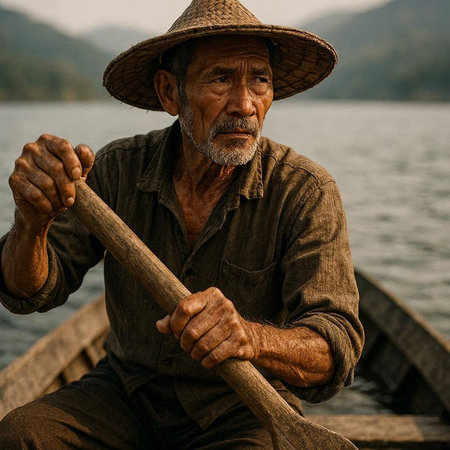 Vietnamese senior man with a fishing rod on a boat.