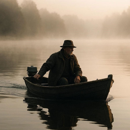 Fisherman in a boat on a foggy lake in the morning