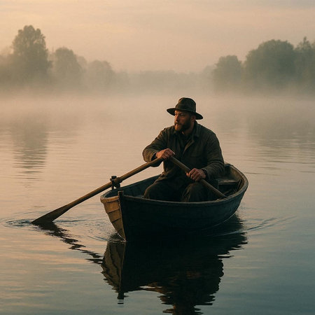 Fisherman in a boat on the river in the morning fog