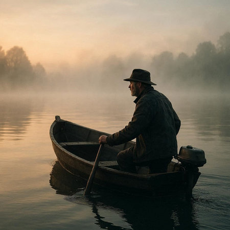 Fisherman in a boat on a foggy lake at sunrise