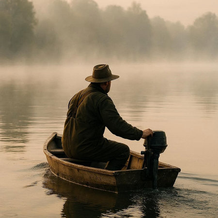Fisherman in a boat on a foggy lake in the morning
