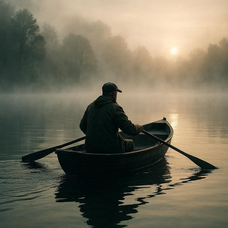 Fisherman in a boat on a foggy lake at sunrise