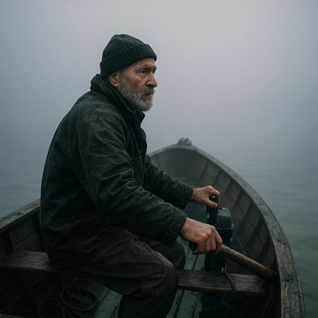 Fisherman sitting on a boat in the misty fog.の写真素材