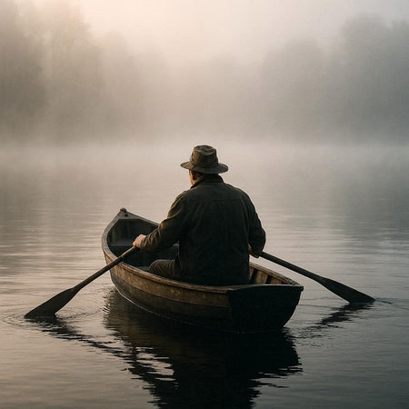 Fisherman in a boat on a foggy lake at sunrise
