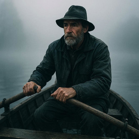 Portrait of a senior man sitting in a boat on a foggy lake