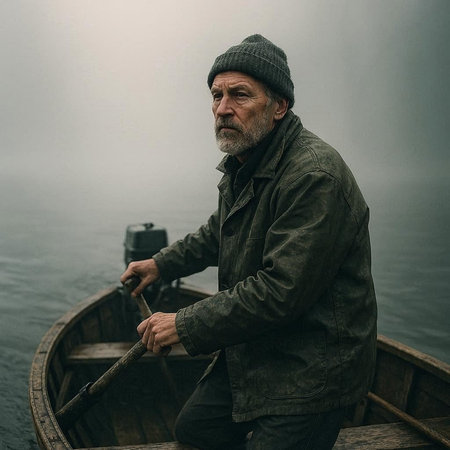 Portrait of a fisherman in a boat on a foggy morning