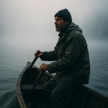 Man in a fishing boat on a foggy lake in autumn.