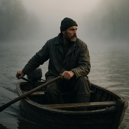 Portrait of a bearded man in a boat on a foggy lake