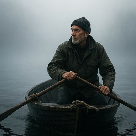 Portrait of a fisherman in a boat on a foggy lake