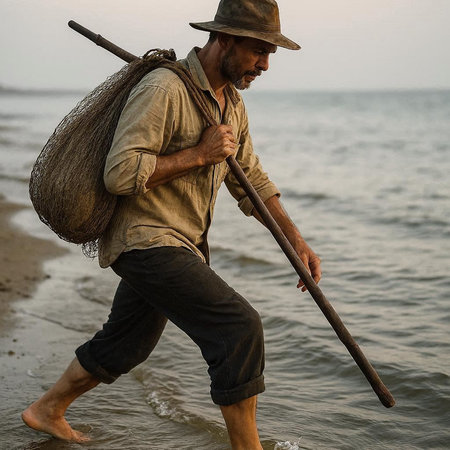 Fisherman with a fishing net on the beach in Sri Lanka