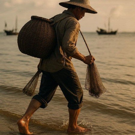 Fisherman walking on the beach in the morning, Thailand.の写真素材