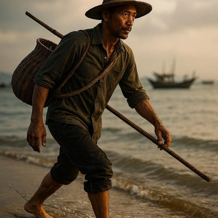 Fisherman walking on the beach with his fishing boat in the backgroundの写真素材