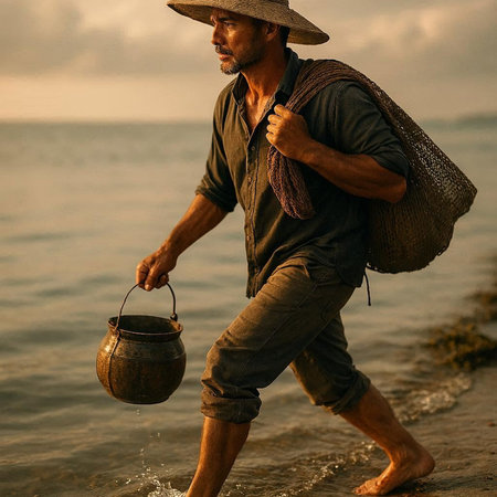 Farmer with a pot of water on the seashore.