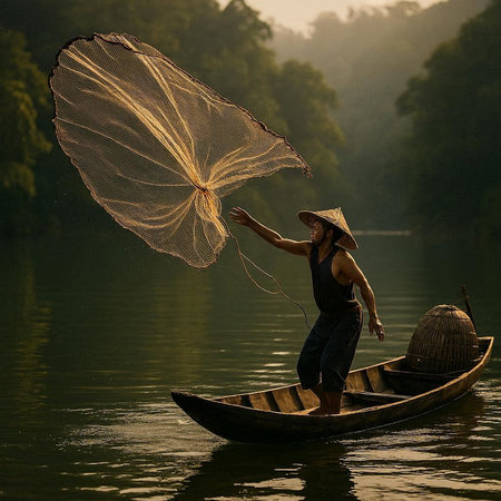 Fisherman in the boat on the river with fishing net.