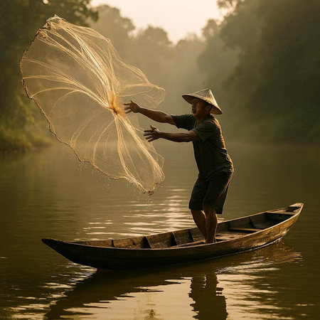Fisherman on a boat catching fish in the Mekong River