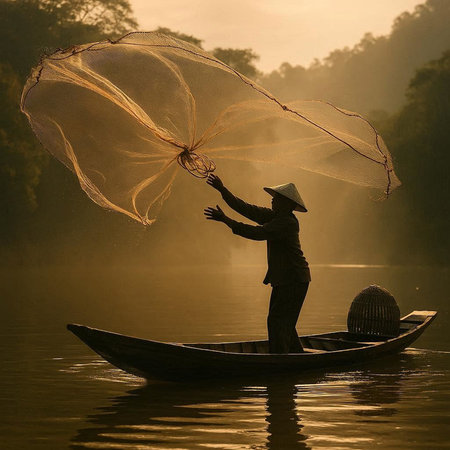 Fisherman with net on the boat at sunrise, Thailand.の写真素材