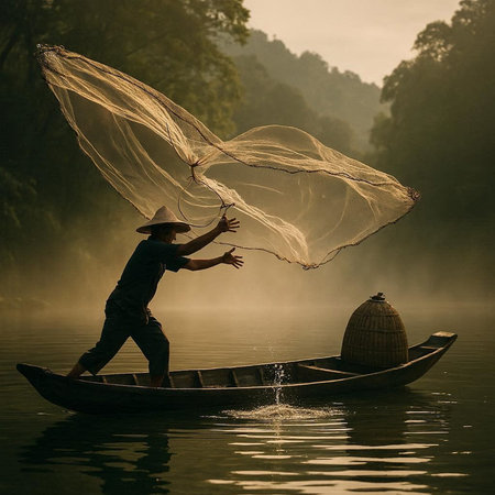 Fisherman with net on the boat in the misty morningの写真素材