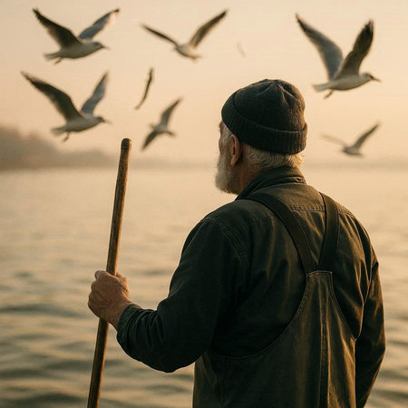 Old man fishing on the lake at sunset with seagulls