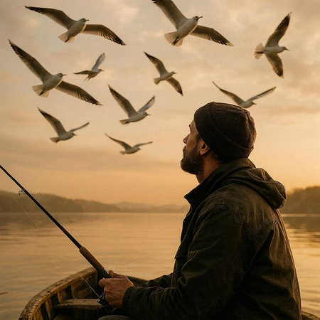 Fisherman with fishing rod and flying seagulls at sunset