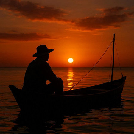 Silhouette of a fisherman in a boat on the sea at sunset