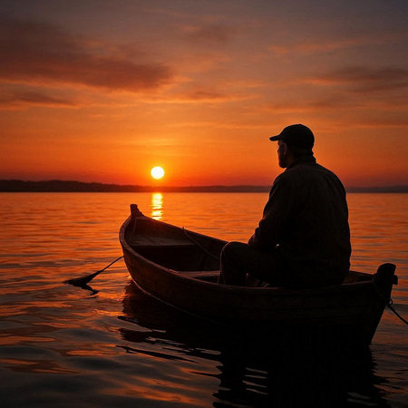 Silhouette of a fisherman in a boat on the lake at sunset