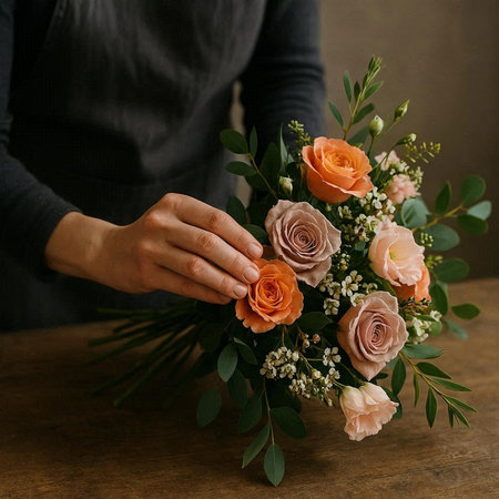 Female florist making beautiful bouquet of roses and gypsophila