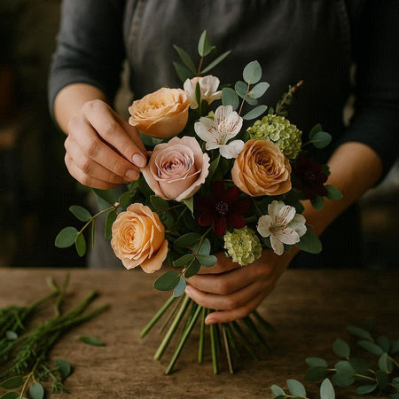 nice bouquet in the hands of a girl in a gray dress